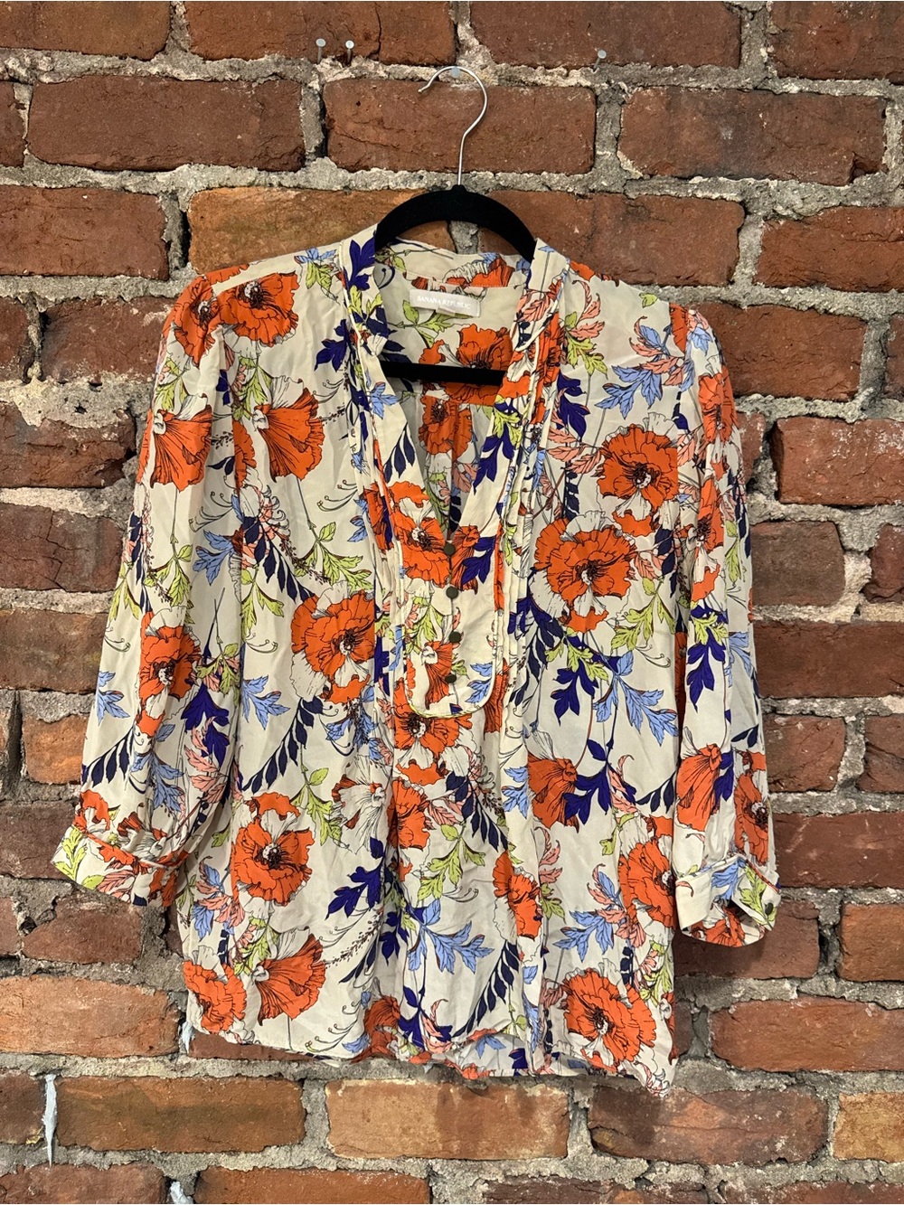 Banana Republic Women’s Orange and Blue Floral Print Blouse (100% Silk)